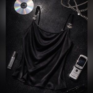 Wrapper Black Camisole Y2K Silver Hardware Strap Top Clubwear Spaghetti Strap